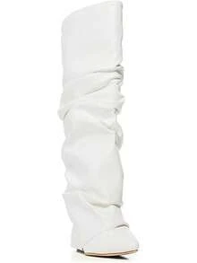 Women's Slouched Ruched Fold Over Boots - Patent Leather Covered Wedge Heel Wide Calf Pointed Toe Knee High Casual Boots - White - View 2