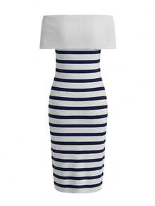 Sexy Off-Shoulder Collared Contrast Striped Bodycon Knit Dress, Slim Fit, Spring/Summer - Blue - View 2