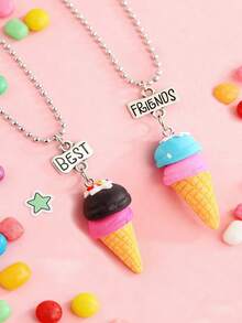2pcs/Set Girls Cute Lollipop & Ice Cream Pendant BFF Friendship Necklace Set, Suitable For Sisters Daily Wear, Bestie Birthday Party Gift - Multicolor - View 1