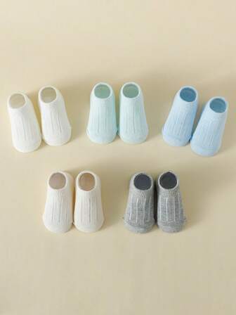 5 คู่ ถุงเท้าข้อสั้นระบายอากาศสีพื้นสำหรับเด็กทารก/เด็กเล็ก, ฤดูใบไม้ผลิ/ฤดูร้อน