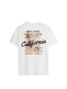 New Summer Women Simple Solid Color Beach Letter & Palm Tree Print Round Neck White Short Sleeve T-Shirt, Fashionable & Versatile, Suitable For Ladies Tops, Holiday Casual And Spring Break Wear - White - View 3