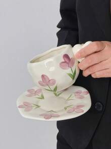 一套郁金香陶瓷咖啡杯碟，欧式心形把手陶瓷杯碟，不对称设计，手工制作陶瓷杯碟，家用早餐牛奶杯、水杯、咖啡杯碟、下午茶杯，礼品杯 - 彩色 - 查看 3