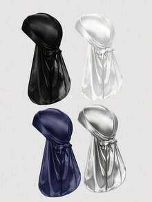 4pcs Men's Silk-Like Durag Headband, Solid Color Fashion Headwrap, Casual & Comfortable, Breathable & Soft, Unisex Pirate Style Durag, Pirate Hat, Pirate Costume, Breathable & Comfortable, Extra Long Tail, Suitable For Wavy Hair, Running, Cycling, Hiking, Camping, Christmas Pirate Hat - 4PC - View 15