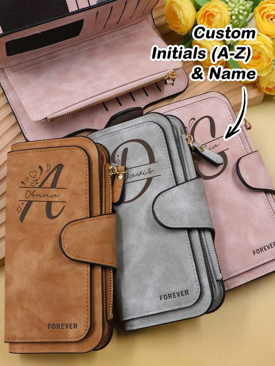 Customized Initial Wallet, Long Wallet Gift For Valentine's Day, Unisex Zipper Clutch, Personalized Romantic Gift, Large Capacity Card Holder, Customizable, Daily Accessory, Couple Set, Anniversary Gift, Blocking - Style C - View 1