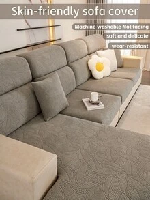 1pc Leaf Print Sofa Cover, High Elasticity & Easy-Clean Slipcover, Full Coverage Anti-Slip Design For Living Room - Grey - View 6