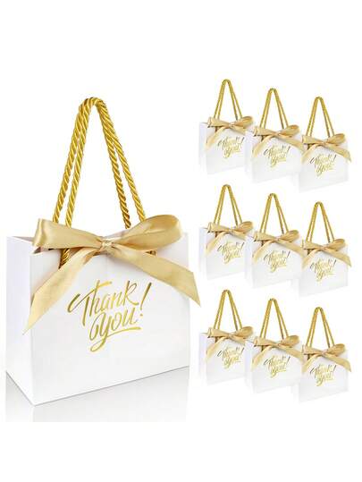 6pcs/3pcs Set, Size 6.3*5.5*2.4 Inches, Thank You Gift Bags With Handles And Bows, Pink Patterned Paper Gift Bags, Suitable For Candy And Other Small Items, Wedding Favors, Foil Printing, Suitable For Birthday, Mother's Day, Gifting, Bridal Shower, Graduation Party, Halloween Decor And More Occasions.