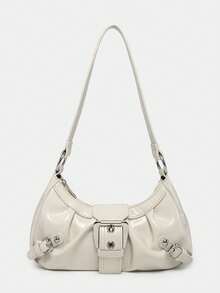 1pc Women's Retro Merlot Distressed Leather Motorcycle Bag With Rivet, Buckle, Ruched Cloud Decor, Shoulder/Armpit Bag For Work, Date, Party, Street & Japanese Bag For Women , Y2k - 米色 - 查看 10