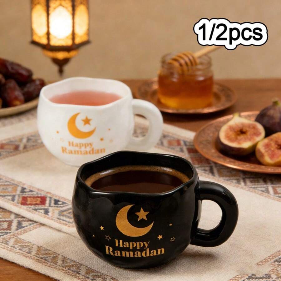 1/2pcs 285ml/9.5oz Ramadan Mubarak Ceramic Coffee Mugs, Handmade Asymmetrical Porcelain Tea Cups With Gold Star And Moon Pattern, Adorable Ramadan Drinkware For Coffee, Tea, Juice, Perfect For Ramadan/Eid Party Decor And Gifts - Multicolor - View 1