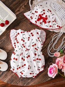 2pcs Baby Girl White Cherry Print Sleeveless Bodysuit & Hat Set, Spring/Summer - White - View 3