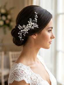 优雅银色珍珠新娘发梳，水晶花朵婚礼头饰，适合新娘和伴娘，情人节配饰 - 銀色 - 查看 4