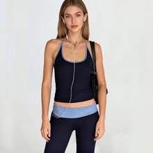 Women Two Piece Outfits Scoop Neck Sleeveless Contrast Color Slim Fit Halter Tops High Waisted Pants Set - Navy Blue - View 2