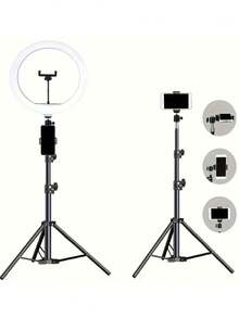 Photography Lighting Kit, Includes 43-Inch Adjustable Tripod And 10-Inch Ring LED Fill Light, Dimmable 3 Color Temperatures, With Phone Holder Clip, Suitable For Studio, Video Recording, Meetings, Selfie Live Streaming, USB Powered - A - View 6