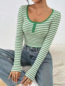 Striped Knit Long Sleeve Crew Neck Button-Up Sweater, Casual Everyday Wear, Commute, Travel, Business, Suitable For Autumn/Winter - Green Apricot - View 2