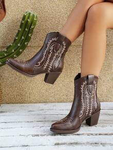 2026新款时尚女式厚底系带中筒朋克西部靴 - 棕色 - 查看 3