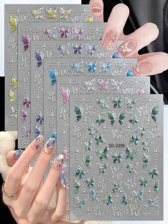 3 ark 5D fjärilsnagelkonstklistermärken färgglada silverkonturerade fjärilsnageldekaler för vår sommar gör-det-själv manikyr