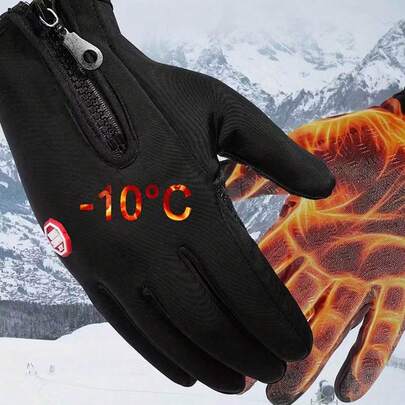男女通用高品质防风保暖触屏手套 - 防滑、耐热，带腕带和拉链，适合冬季运动、滑雪、单板滑雪、徒步旅行、户外活动、钓鱼、骑行、登山等。防滑手套，带拉链。男士摩托车手套 - 适用于智能手机、平板电脑等设备。
