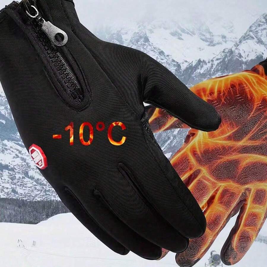 男女通用高品质防风保暖触屏手套 - 防滑、耐热，带腕带和拉链，适合冬季运动、滑雪、单板滑雪、徒步旅行、户外活动、钓鱼、骑行、登山等。防滑手套，带拉链。男士摩托车手套 - 适用于智能手机、平板电脑等设备。 - 玫紅色 - 查看 1