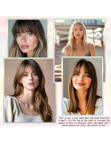 优雅夹式假发片，带刘海，360° 立体覆盖，蓬松直发合成假发片，适合头发稀疏人群，发夹式，假发片，夹式刘海