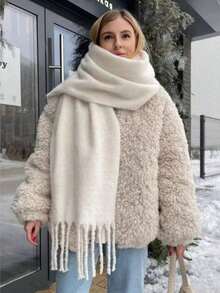 1pc Women's New Fluffy Tassel Scarf, Warm & Comfortable Shawl, Windproof & Warm For Outdoor, Versatile For Daily Wear, Autumn/Winter - White - View 1
