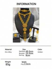 4 件女士时尚流苏长项链、耳环、手链、戒指首饰套装，适合欧洲、迪拜、非洲新娘、婚礼、派对、约会、礼服配饰、节日礼物 - 金黃色 - 查看 7