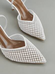 Pointed Toe Mesh & Pearl Ankle Strap High Heel Shoes, Suitable For Party, Banquet, Office - White - View 4