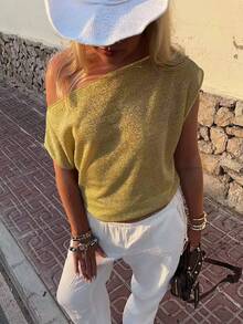 New Summer Women's Gold Cold-Shoulder Top, Sexy Sheer Soft Stretchy Metallic Fabric - Gold - View 2