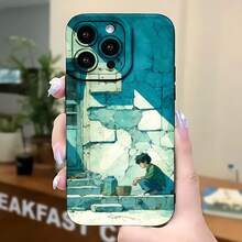 2026 nueva funda de teléfono esmerilada, funda de teléfono con arte de pared azul y diseño de niño sentado para iPhone 17 14 13 12 11 Pro Max Se 2022  Galaxy S23 S22 S21 S20 Plus Ultra protector de teléfono funda de pareja regalo para él y ella San Valentín cumpleaños aniversario - Blanco antiguo - Ver 5