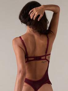 SHEIN BAE Hollow Out Lace Detail Sexy Bodysuit Lingerie, Going Out - Burgundy - View 2
