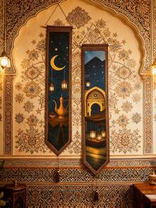 1/2 قطعة من الجداريات البوهيمية بنقش القمر والنجوم، جداري جدار أنيق بتصميم فانوس الشرانق، ديكور للأعياد والحفلات، جداري فني مستطيل طويل بتصميم إبريق الشاي القديم، سهل التعليق والعرض، ديكور منزلي، مناسب كهدية لأصدقاء وعائلة - يمكن استخدامه في الحمام أو غرفة المعيشة أو غرفة النوم أو منطقة الصلاة - متعدد الألوان - مشاهدة 4