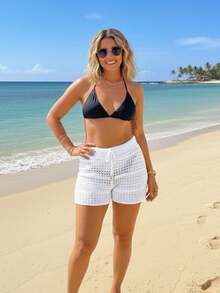Women's Short Beach Cover-Up Knit Shorts With Crochet Detail And Adjustable Drawstring, Summer Fashion, Pool Style - 白色 - 查看 1
