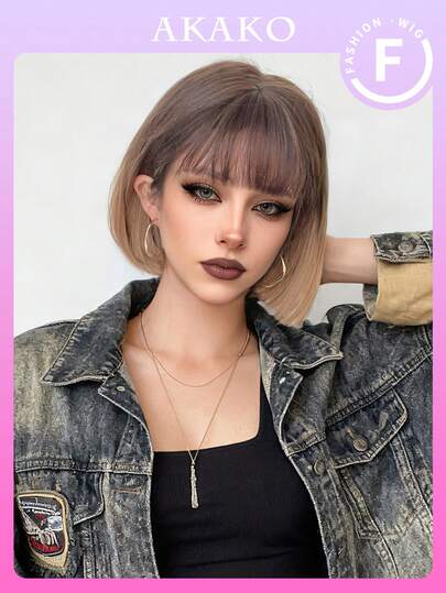 AKAKO Short Straight Ombre Blonde Wig For Women 10in Bob Wig With Bangs, Heat Resistant Fiber Soft Synthetic Full Machine Hair Colorful Anime Costume Wig For Daily Party Wear & Holidays, Music Festival Cosplay Use, Edgy Y2K & Gothic Street Style