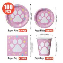 一套花卉猫爪印一次性餐盘、餐巾纸、杯子，适合25位客人，一次性派对用品，适合生日、婚礼、主题派对、家庭野餐等场合。 - 彩色 - 查看 2