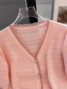 Cárdigan de punto de manga corta con cuello en V para mujer, de longitud regular, con estiramiento medio, parte superior ligera, para verano - Rosa - Ver 3