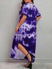 大码扎染隐藏口袋弧形下摆T恤连衣裙 - 紫羅蘭色 - 查看 5