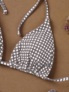 2026 女士灰白格子细肩带系带比基尼，甜美性感两件套，适合浪漫假期、夏季海滩、女士生日装、女士健身服、女士优雅连衣裙、女士度假装、女士休闲上衣 - 彩色 - 查看 4