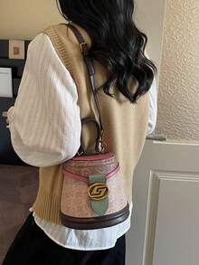 2026 New Printed Bucket Bag, Unique Design Half-Round Handbag, Women's Fashion Color Block Shoulder Bag, Classic Lightweight Luxury Crossbody Bag - 玫紅色 - 查看 4