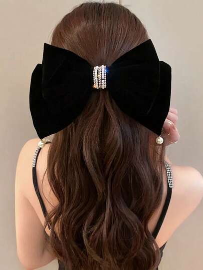 1 pièce Accessoire pour cheveux Pince à cheveux grande avec nœud en velours noir, faux perles et strass. Pince à cheveux, barrette, accessoire pour la tête, pour soirée, accessoire pour cheveux pour femmes