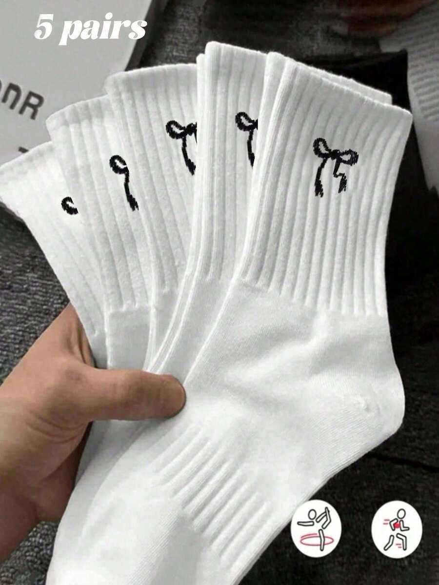 5/9双装纯色蝴蝶结装饰女士中筒袜，时尚简约休闲舒适日常百搭袜，适合所有季节，圣诞礼物