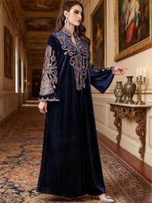 Áo choàng nữ bằng nhung thêu cổ, kiểu dáng chữ A tay dài thanh lịch, thích hợp cho tiệc tùng, đám cưới, trang phục Hồi giáo mùa xuân/thu lễ Eid. - Màu xanh hải quân - Xem 9