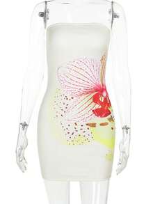 1pc Summer Floral Print Bandeau Dress, Suitable For Party And Cocktail Occasions - Yellow - View 2