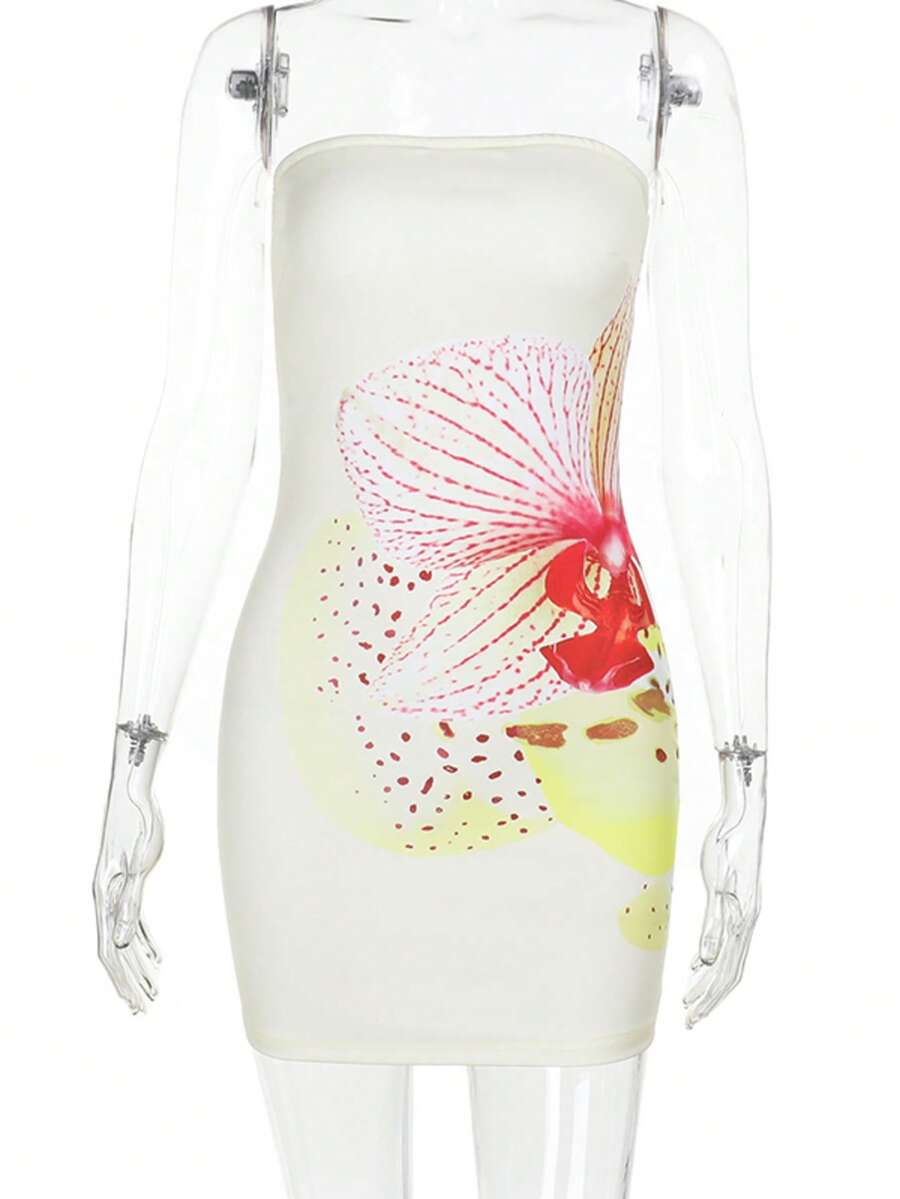 1pc Summer Floral Print Bandeau Dress, Suitable For Party And Cocktail Occasions