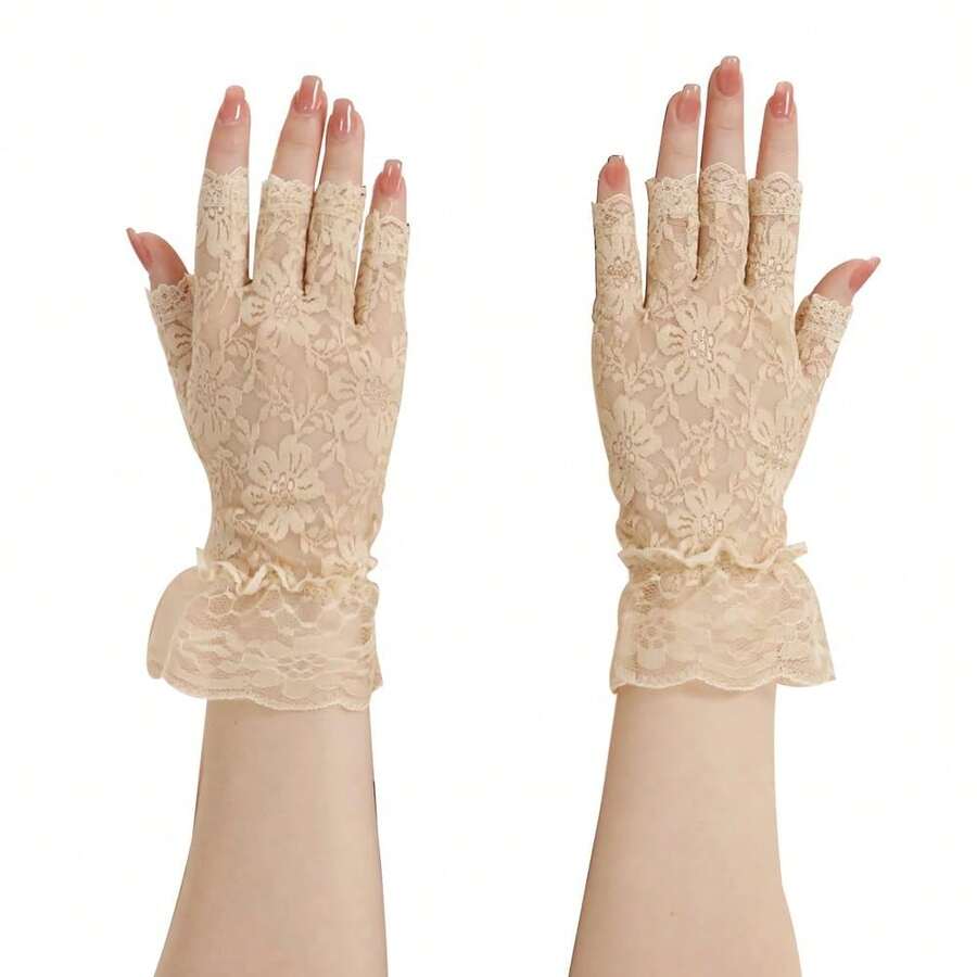 Mrotrida Women's Punk Fingerless Glove Cosplay Ripped Gloves For Halloween Costume Party 1Pair,BeigeLace - 米色蕾絲 - 查看 1