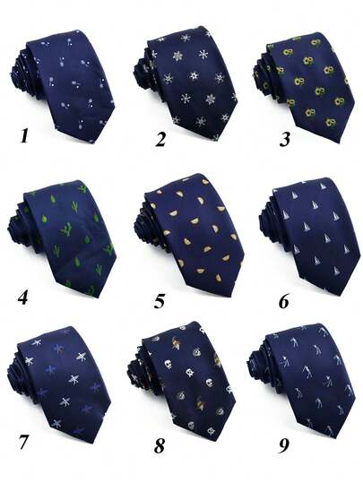 ZLQ&GOU 1pc High Density Polyester Jacquard Cartoon Pattern Men's Tie, Snowflake Sunflower Cactus Navy Blue 7.5cm Men's Tie, Suitable For Business And Casual Wear