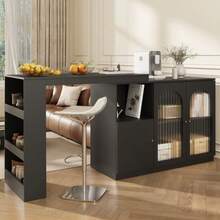 Mesa de bar giratória 360° (corpo principal 120 x 40 x 97 cm), moderna e minimalista, com rotação na cor branca, e armário multifuncional para armazenamento com porta de vidro. - Preto - Ver 2