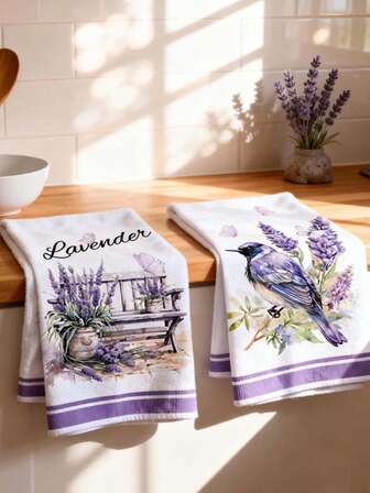 2pcs Lavender Flower & Bird Print Hand Towels, Watercolor Style Kitchen Decor Towels, Spring Decoration Dish Towels