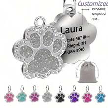 Personalized Engraved Pet Name Tag - High-Quality Glitter Paw Shape Cat Dog Collar ID Tag, Customized Pet ID Tag With Glitter Paw Design