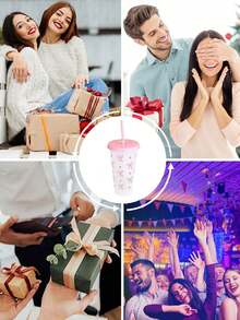 1个/5个装 710毫升/24.98盎司 可重复使用塑料杯，带粉色丝带、吸管和盖子，塑料吸管杯，粉色蝴蝶结心形吸管杯，旅行杯，塑料杯，奶茶杯，冰咖啡杯，夏季饮料杯，大容量果汁杯，为您的冰咖啡、水、奶昔提供充足空间 - 彩色 - 查看 12