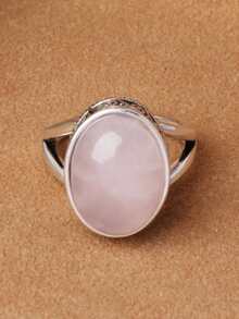 1pc Oval Rose Quartz Ring, 1pc Fashionable Single Gemstone Ring, Mother's Day Gift - Synthetic Rose Quartz - View 4
