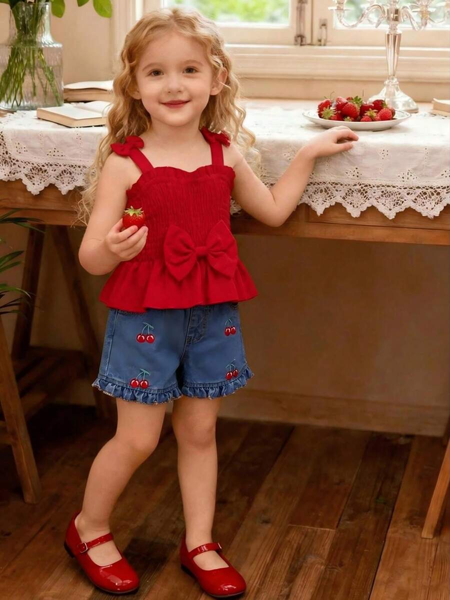 Baby Girls Valentine's Day Outfit - Red Bow Camisole Top With Cartoon Cherry Embroidered Denim Shorts - Red - View 1