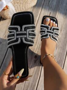 Dép xăng đan đế bằng dáng rộng dành cho nữ đính pha lê – Dép lê lấp lánh 2026 thích hợp cho công sở, đi hàng ngày và hoạt động ngoài trời, dép lê nữ, đồ dùng cần thiết cho mùa hè - màu đen - Xem 1